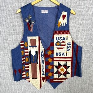 Joan Boggs Patriotic Vest Americana‎ USA Flag Stars Handmade Quilt Patchwork 2X